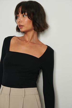 Black Square Neck Rib Long Sleeve Top