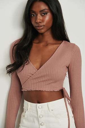 Dusty Pink Geribde crop wikkeltop