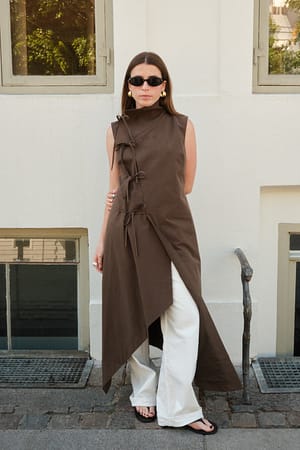Brown Overlap Tie Detail Midi Dress