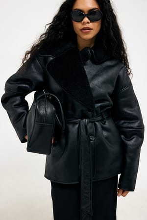 Black Oversized Belted Bonded Jacket