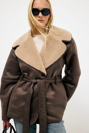 Brown Oversized Belted Bonded Jacket
