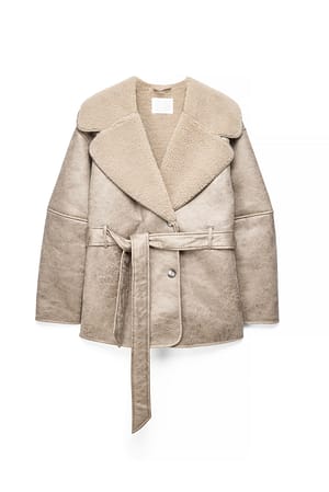 Light Beige Oversized Belted Bonded Jacket