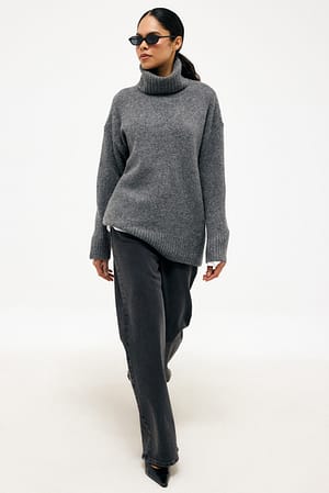 Dark Grey Übergroßer Strickpullover mit Rollkragen
