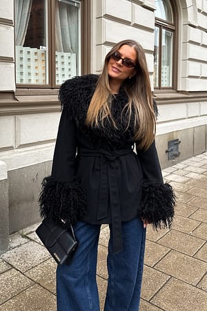 Black Bonded Detail Curly Faux Fur Jacket