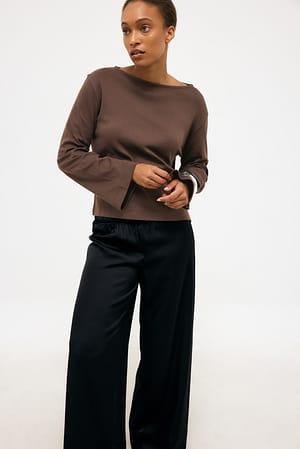 Brown Pima Cotton Long Sleeve Boat Neck Top