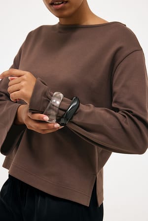 Brown Zware katoenen top met lange mouwen en boothals