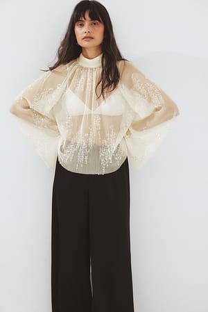 Offwhite Pleated Mesh Sequin Scarf Top