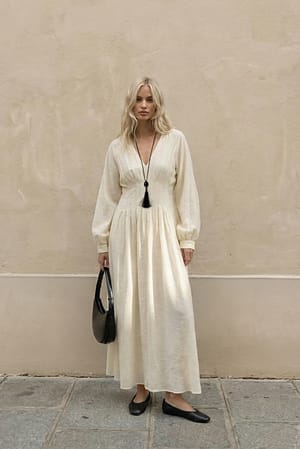 Cream Pleated Waist V Neck Midi Dress