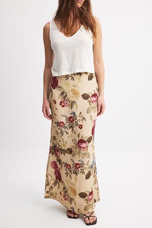 Printed Linen Blend Maxi Skirt Flower | NA-KD