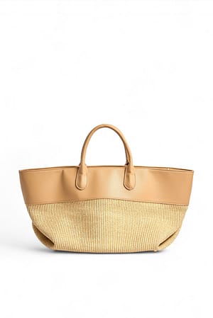 Beige Pu Detail Straw Bag