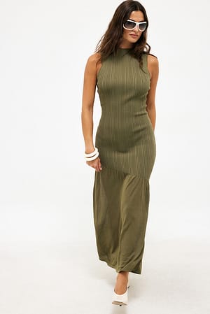 Khaki Green Robe en maille côtelée à col montant
