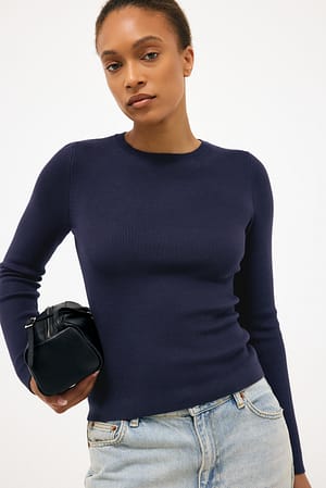 Navy Geribbelde Gebreide Ronde Hals Top