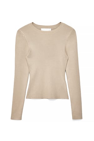Beige Top de punto acanalado con cuello redondo