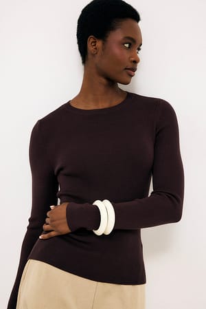 Brown Ribbed Knitted Round Neck Top