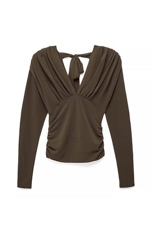Khaki Green Langermet jerseytopp med rysjer