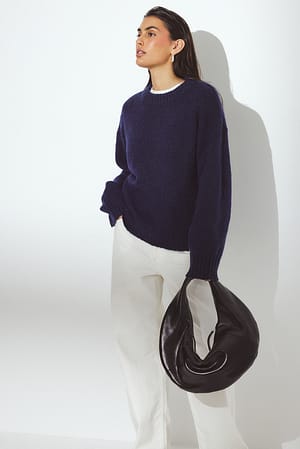Navy Round Neck Wool Blend Knitted Sweater