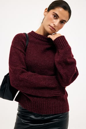 Wine Red Round Neck Wool Blend Knitted Sweater