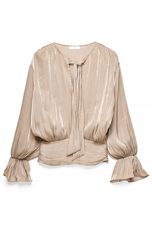 Light Beige Rynket Talje Flæse Bluse