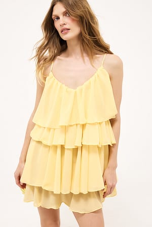 Light Yellow Ruffle Plisse Strap Mini Dress