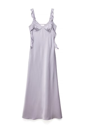 Lilac Satin Ruffle Shoulder Maxi Dress