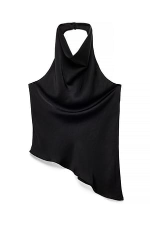 Black asymmetrisch drapiertes Satin-Neckholder-Top