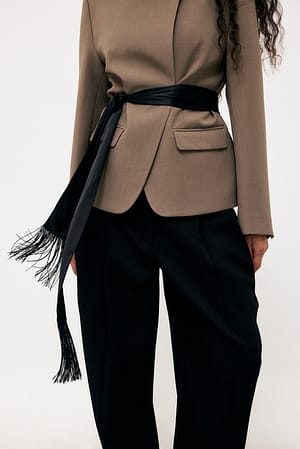 Black Slim Satin Fringe Scarf