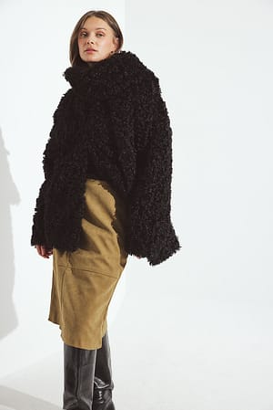 Black Scarf Detail Teddy Coat