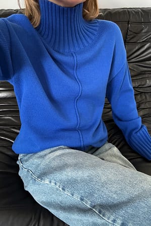 Blue Seam Detail Turtleneck Knit Sweater