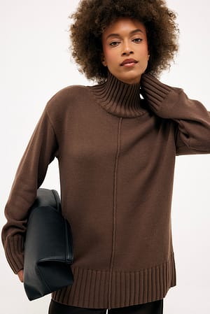 Mauve Seam Detail Turtleneck Knit Sweater