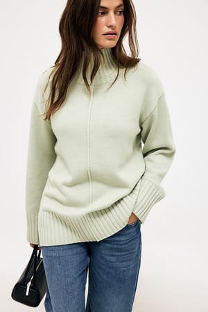 Sea Green Seam Detail Turtleneck Long Knitted Sweater