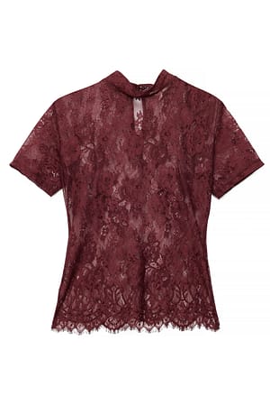 Dark Red Top de encaje de manga corta