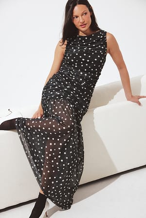 Black/White dots Sleeveless Draped Midi Dress