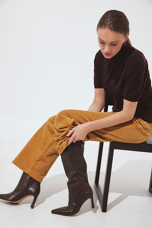 Dark Brown Slim Toe Leather Knee High Boots
