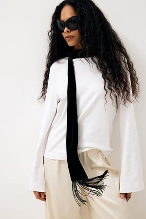 Black Slim Velvet Fringe Scarf