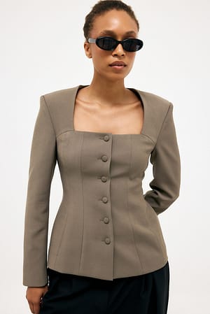Light Brown Blazer ajusté à encolure carrée