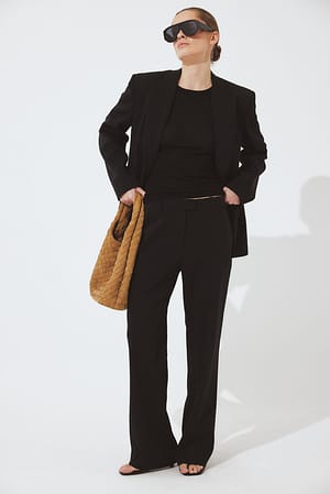 Black Straight Leg Mid Waist Suit Pants