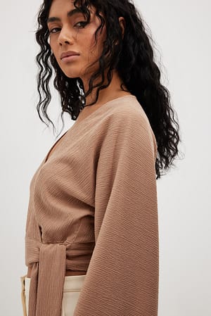 Beige Gestructureerde wikkelblouse