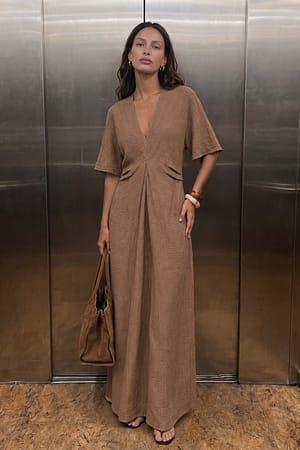 Taupe V-neck Short Sleeve Maxi Dress