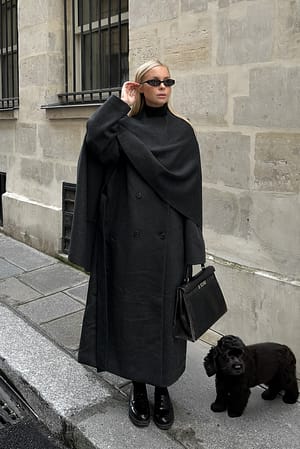 Dark Grey Wool Blend Scarf Detail Coat