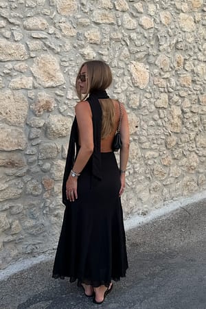 Black Halterneck Chiffon Asymmetric Dress