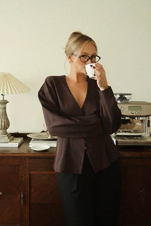 Brown Tailored Fitted Button Front Blouse