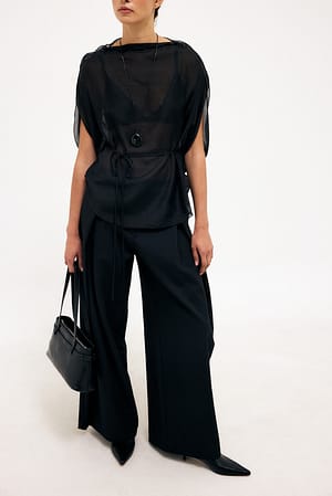 Black Wide Deep Pleated Twill Pants