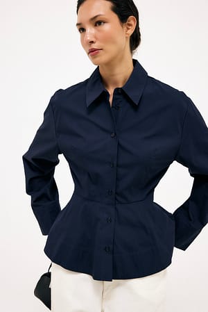 Navy Wide Sleeve Peplum Cotton Shirt
