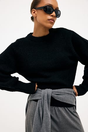 Black Wool Blend Balloon Sleeve Knitted Sweater