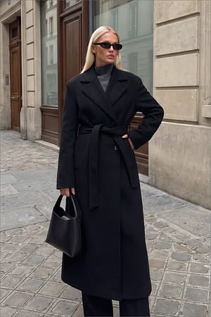 Black Wool Blend Belted Coat