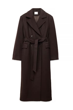 Brown Wool Blend Belted Coat