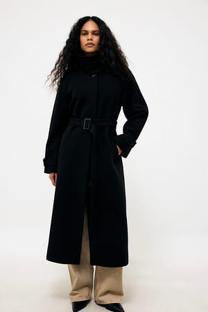 Black Manteau ceinturé en mélange de laine
