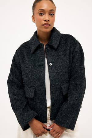 Dark Grey Wollen Blend Geborstelde Jas