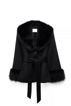 Black Wool Blend Faux Fur Detail Short Coat