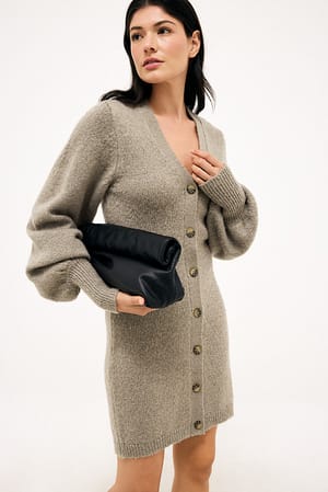Beige Melange Wool Blend Knitted Cardigan Mini Dress